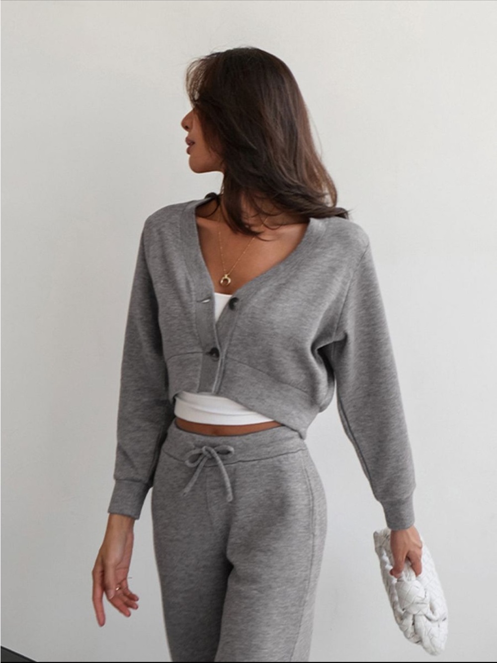 Commense Gray Cropped V-Neck Button Cardigan